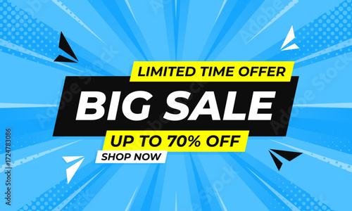Big sale banner template with blue comic sunburst background, limited time offer discount up to 70%, modern promotion design for shopping, marketing ads, events, and websites