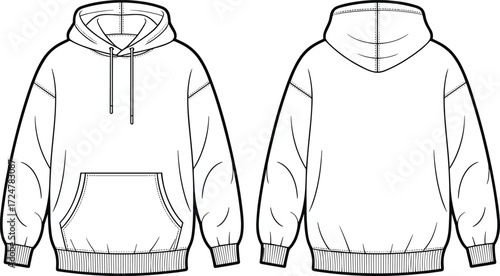 Hoodie front and back view, CAD drawing flat vector illustration, fashion sweatshirt template, pullover hoodie sketch, streetwear apparel garment design