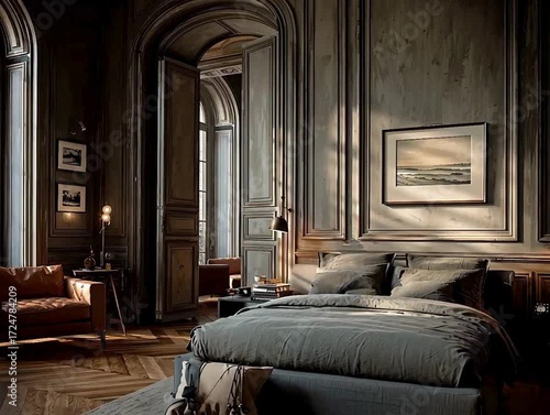 Luxurious classic bedroom interior with sunlight and parquet floor