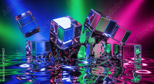 Glasslike Cubes Melting into Liquid Chrome Under Vivid Colored Spotlights – Dramatic 3D Render