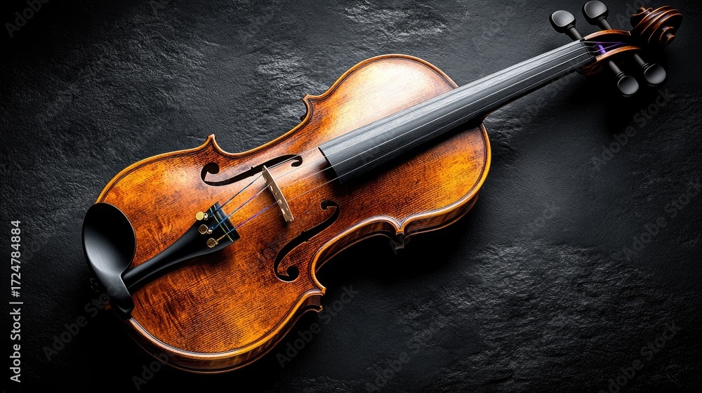 Fototapeta premium Wooden violin positioned on a dark black background, softly lit, top view. The bright instrument stands out against the dim surroundings, creating a refined atmosphere.