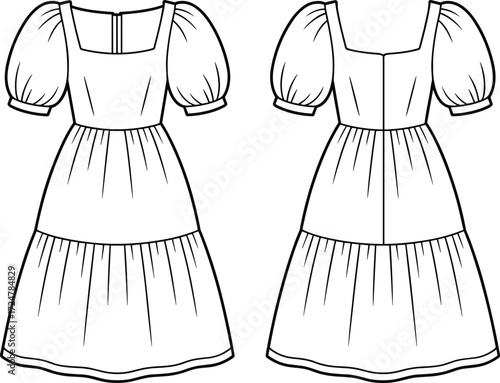 Women puff sleeve midi dress front and back flat sketch, stylish fashion template, elegant clothing design illustration, apparel cad vector drawing