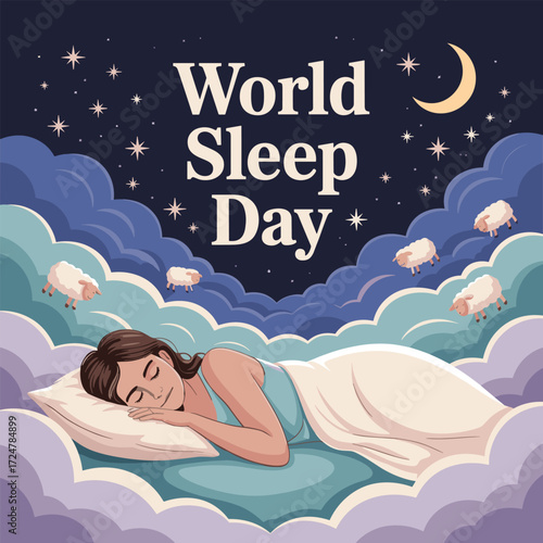 "World Sleep Day Concept with Peaceful Sleeping Woman, Moon, Stars and Flying Sheep – Healthy Sleep Illustration"