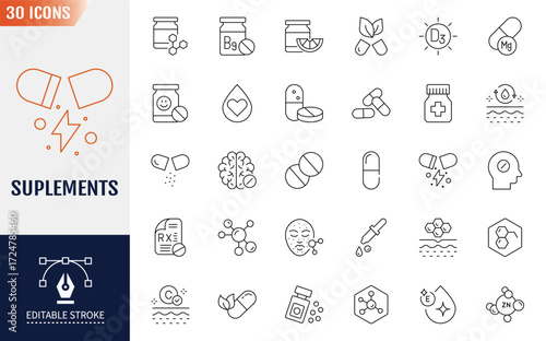 Supplements Line Editable Icons set. Includes vitamins, minerals, amino acids. Vector illustration