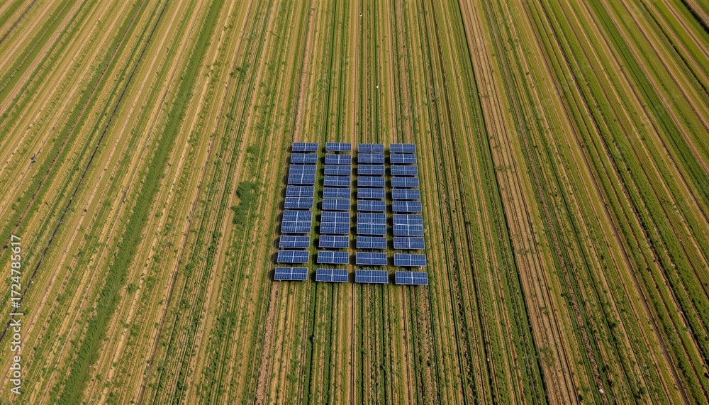 Obraz premium Aerial view of a solar farm array situated within a cultivated agricultural field