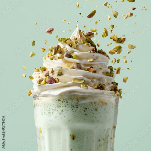 Pistachio dessert with whipped cream and nuts