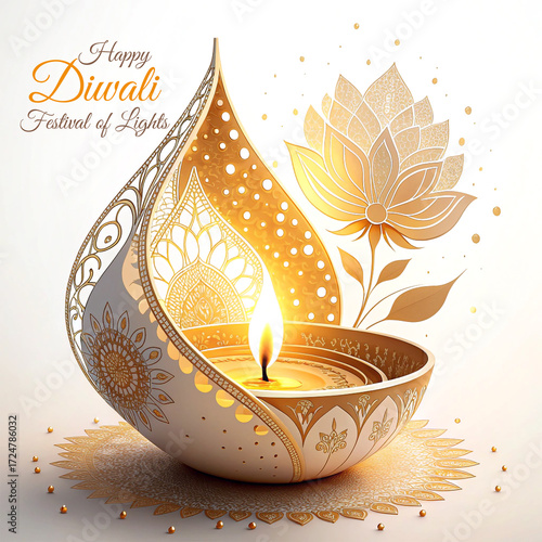 Elegant Ornate Diya and Lotus for a Happy Diwali