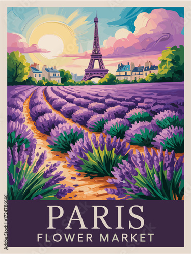 Paris Flower Market poster with lavender fields and Eiffel Tower in the background, retro vintage style vector illustration, perfect for wall art, prints, and travel decor