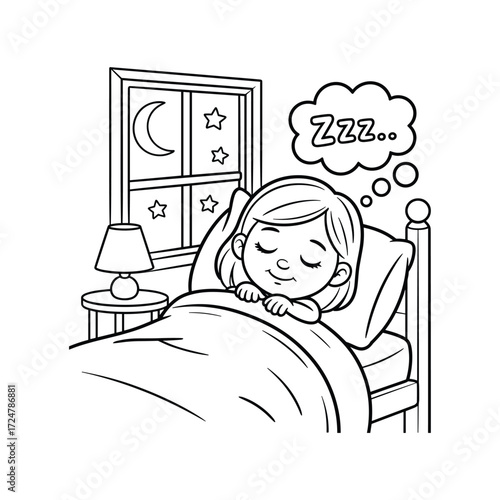 "Cute Sleeping Girl Line Art in Bed with Moon and Stars Window, Zzz Cartoon Vector"