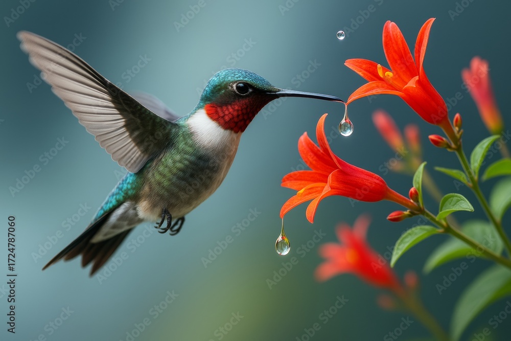 Obraz premium Vibrant hummingbird drinking nectar from orange flowers with water droplets in mid-air on blue background, symbolizing precision and nature beauty. Ai generative