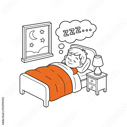 "Sleeping Child Illustration in Bed with Blanket, Nighttime Window View and Zzz Symbol – Cute Cartoon Vector"
