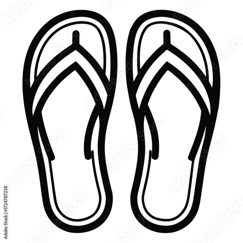 Simple black and white line art icon of flip flops vector graphic for summer beach apparel and footwear vector