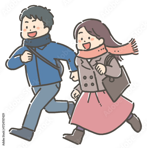 鞄を持ち、走ってお出かけする若い冬服の男女のイラスト
