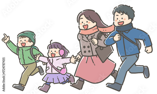 鞄を持ち、走ってお出かけする子ども連れの冬服の家族のイラスト