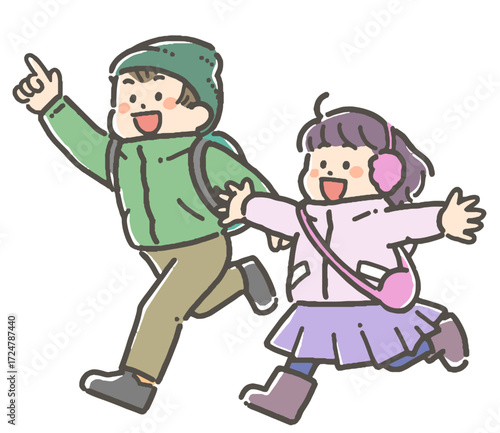 鞄を持ち、走ってお出かけする冬服の子どもたちのイラスト
