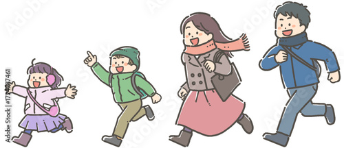 鞄を持ち、走ってお出かけする子ども連れの冬服の家族のイラストセット
