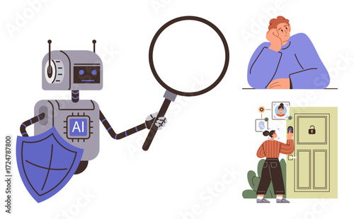 AI-powered robot analyzing data with a magnifying glass next to a thinking man and a woman unlocking a biometrically secured door. Ideal for cybersecurity, AI technology, identity verification
