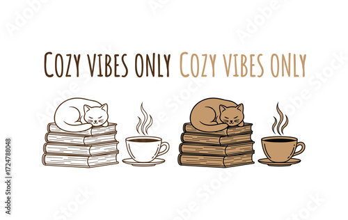 "Cozy Vibes Only" simple typography t-shirt design vector with book, coffee cup, and cat, inspirational quote design, warm slogan for autumn, seasonal graphic illustration.