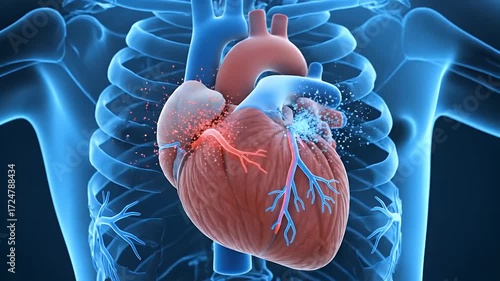 Human heart anatomy in chest with glowing details