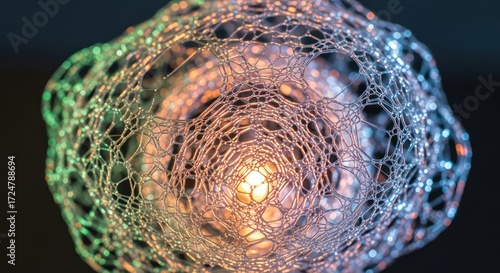 Intricate web structure with central light source, abstract organic form against dark background