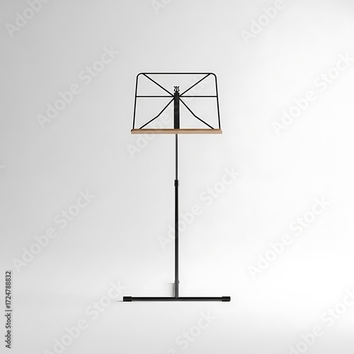 A modern, minimalist music stand with a light-wood top and black metal frame stands out against a plain white background.