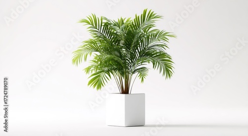 Lush green palm plant in a minimalist white square pot against a bright white background