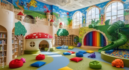 Whimsical Children's Library with Castle, Mushroom House, Dragon Slide, and Colorful Murals