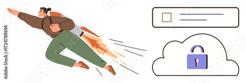 A person flying with a rocket backpack symbolizes speed, innovation, and progress, alongside secure cloud storage with a locked icon. Ideal for technology, data security, innovation, cloud solutions