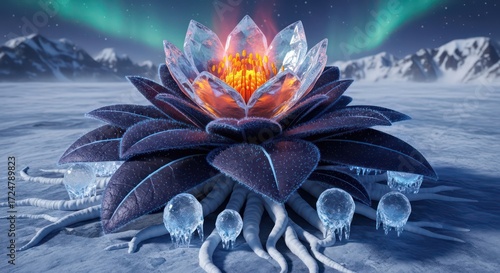 Crystal Lotus Bloom Under Aurora Borealis in Frozen Landscape