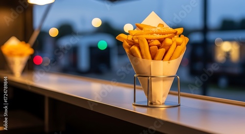 Golden French Fries in Paper Cone with Metal Holder on Countertop at Dusk