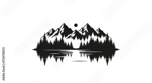 Mountain landscape silhouette reflected in water with trees  