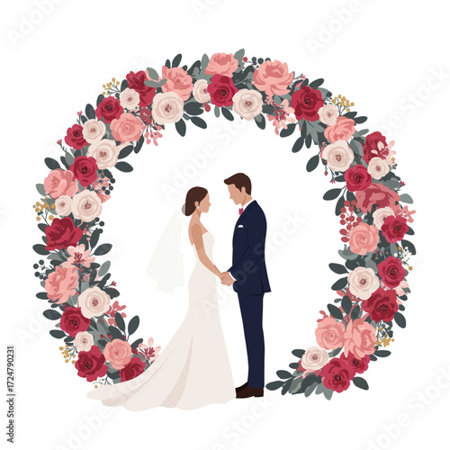 Beautiful wedding couple standing under a floral archway with roses and eucalyptus