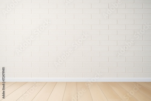 Minimalist empty interior room with light wood floor and clean white brick wall suitable for copyspace or design mockup template background.