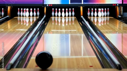 Bowling alley lane with pins and ball