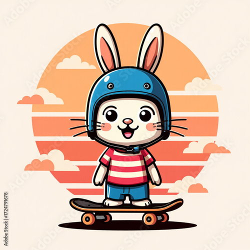 Cute cartoon bunny on skateboard wearing helmet and striped shirt