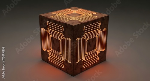 Glowing geometric cube with intricate orange line patterns on a dark surface