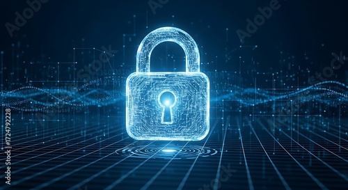 Glowing Digital Padlock with Circuitry on a Grid, Security Concept