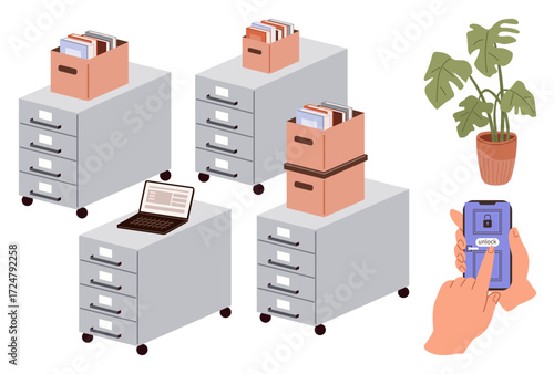 Mobile phone unlocking screen, filing cabinets with folders, potted plant, and laptop. Ideal for office organization, data security, workplace productivity, digital innovation, teamwork modern