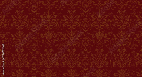 Seamless damask pattern in rich maroon and gold, creating an opulent and classic background for design projects