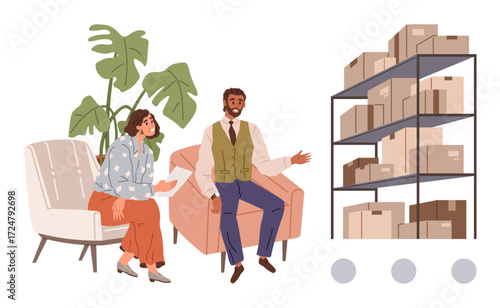 Two colleagues sitting and exchanging ideas, with a backdrop of lush plants and storage shelves holding boxes. Ideal for teamwork, logistics, organization, planning, business, inventory, simple flat
