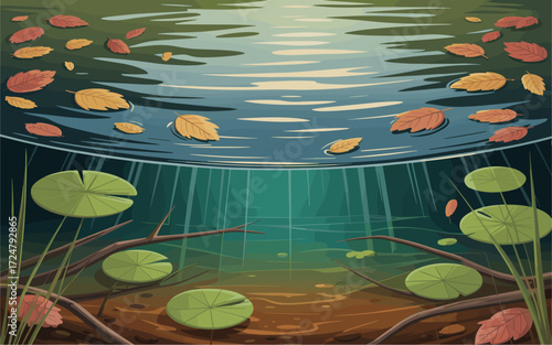 Autumn pond underwater scene vector illustration with lily pads, fallen leaves, branches, and sunlight rays through water, tranquil nature background for design, prints, and decor.