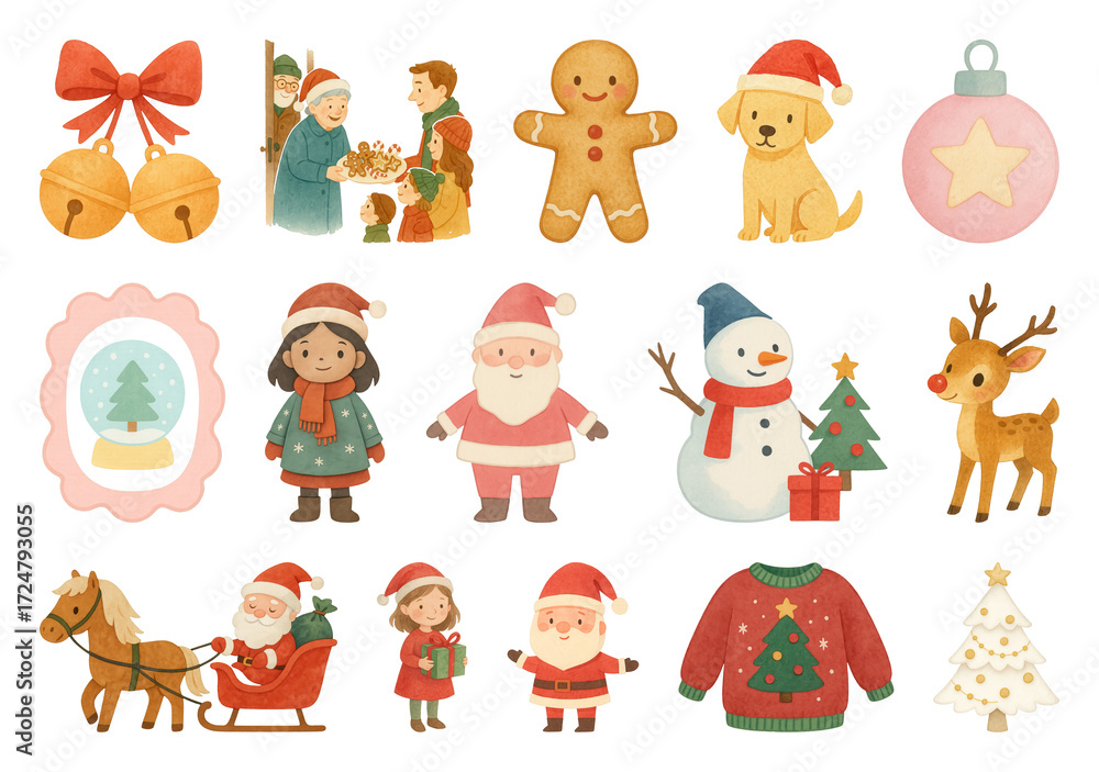 Obraz premium PNG Festive Christmas cartoon illustrations, element set on transparent background