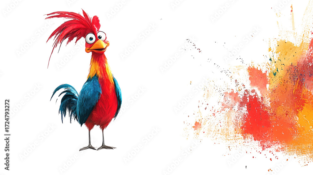 Fototapeta premium Colorful Cartoon Rooster Character with Paint Splash Background