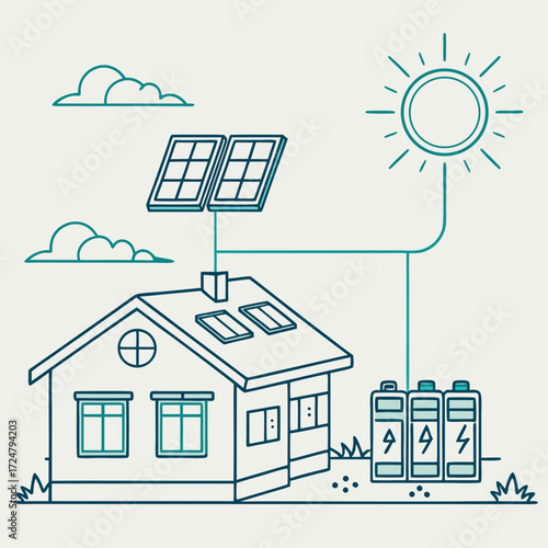 Illustration of a selfsufficient house with solar panels on the roof, batteries for energy storage, and a sun providing renewable energy, all depicted in a clean, modern line art style
