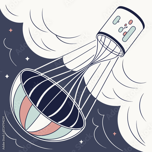 Vector art of a cute and quirky illustration of a spacecraft with a parachute descending through fluffy clouds in a pastelcolored sky, creating a dreamy and serene atmosphere