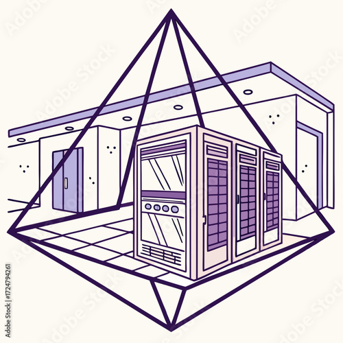 Illustration of a server room with a server rack inside a pyramid, representing the concept of data security and protection in data centers and cloud computing