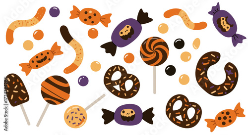 Halloween Candy Vectors Set Featuring Worms, Lollipops, Pretzels, and Candies
