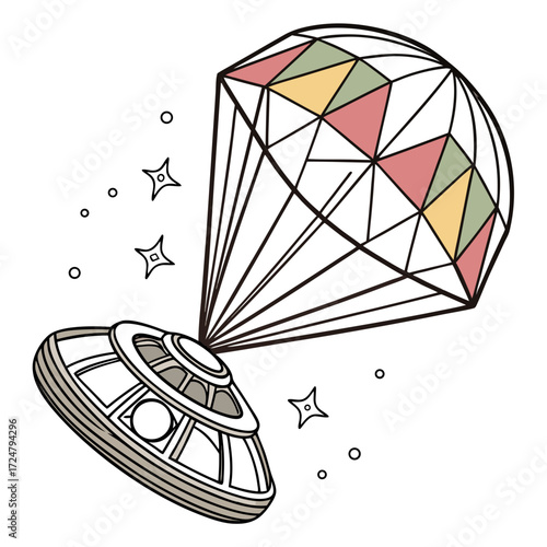Illustration of a space capsule descending with a parachute, the capsule is depicted with intricate details, and the parachute adds a sense of adventure