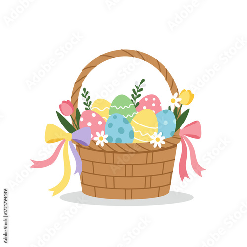 Easter basket filled with colorful decorated eggs, flowers, and ribbons, perfect for spring celebration and holiday greetings