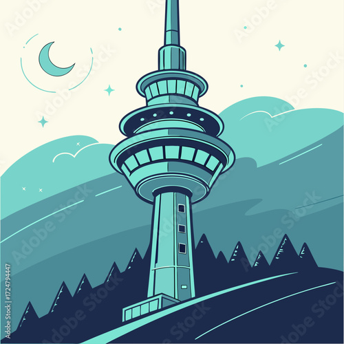 Vector art of aucklands iconic sky tower stands tall against a backdrop of rolling hills under a crescent moon and twinkling stars, capturing the essence of new zealands vibrant city skyline